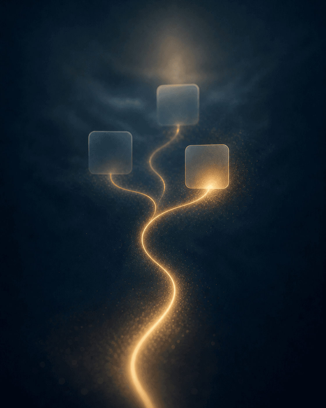 A vertical golden pathway threads upward through a deep navy depth, passing through three glowing glass node-cards — an editorial metaphor for reviewing the three decisions in your Skillucate brief.