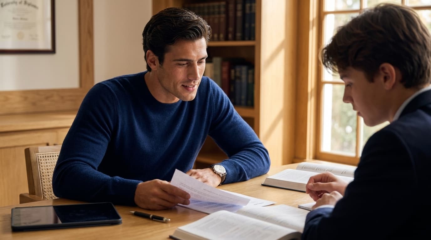 Skillucate brand ambassador Theo in a professional educational setting, reviewing admission documents with a student for school and admissions guidance.