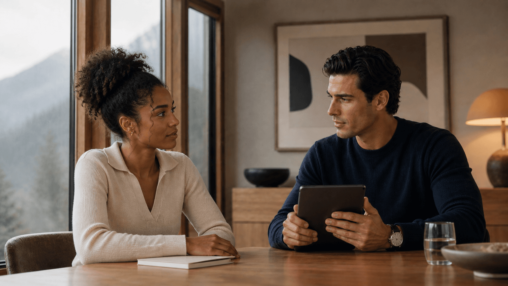 A Skillucate advisor in a navy sweater sits across a wood table from a student client; soft natural light, mountain view through the window, both mid-conversation, focused on the brief between them.